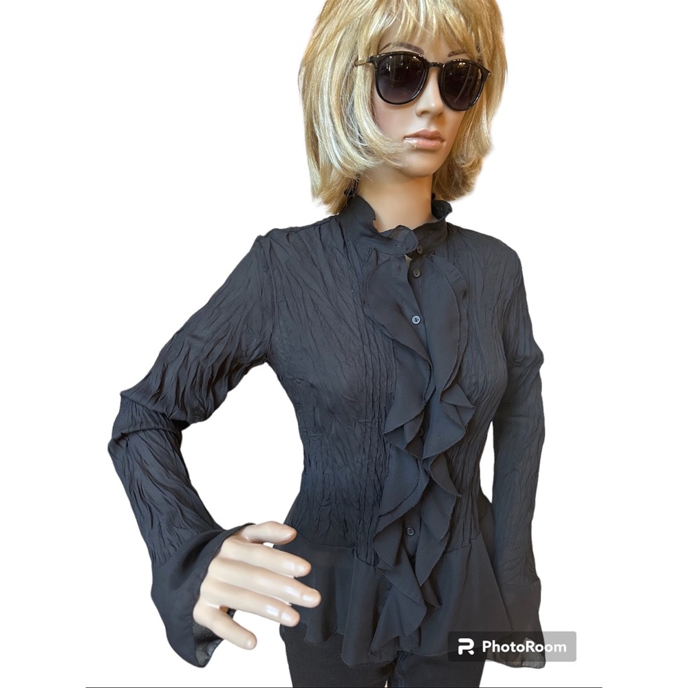 Black Vintage Semi Sheer Crinkle Ruffle Long Sleeve  Shirt, NWOT, S